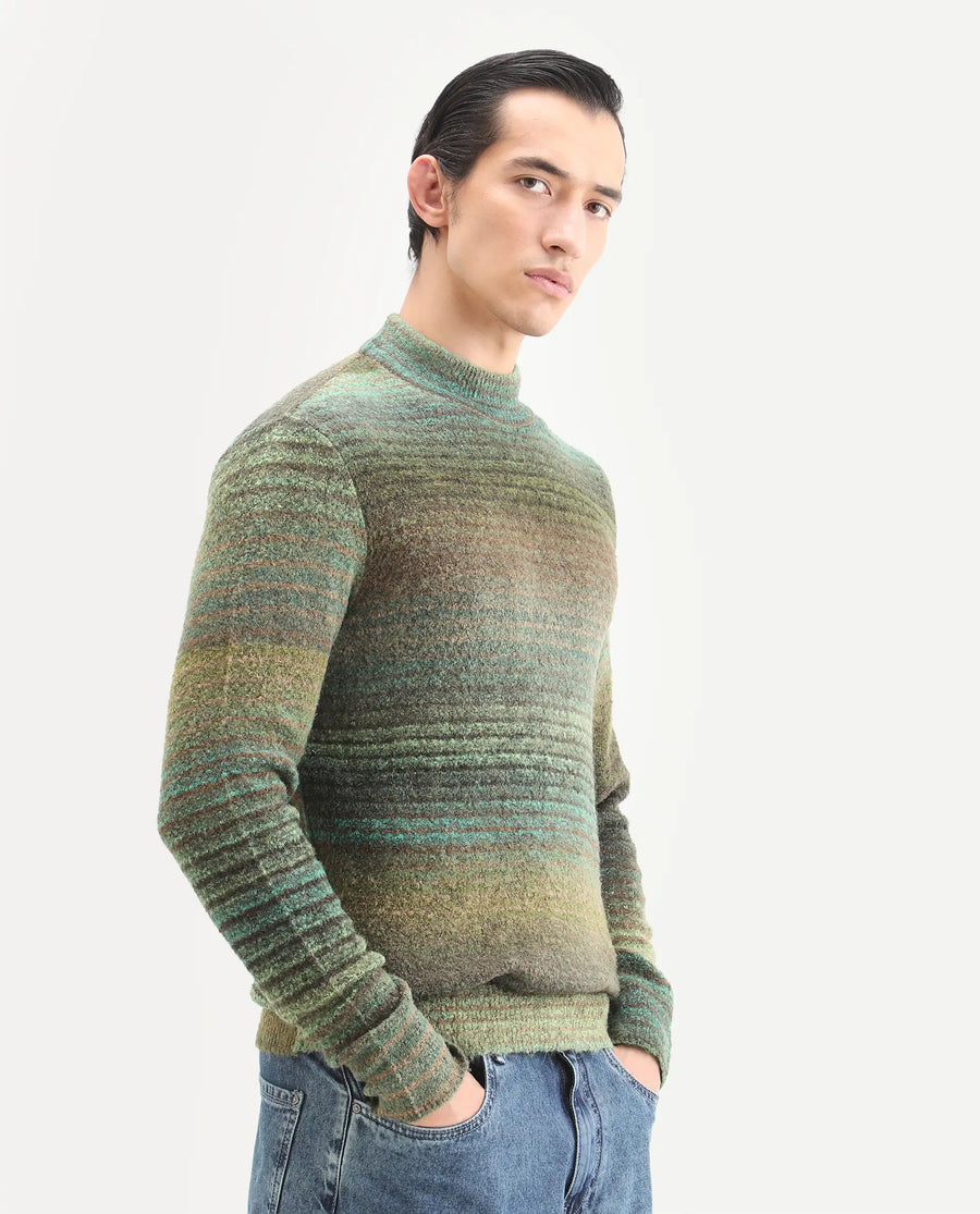 Rare Rabbit Men's Nemo Green Acrylic Color Block Regular Fit Full Sleeve Crew Neck Sweater