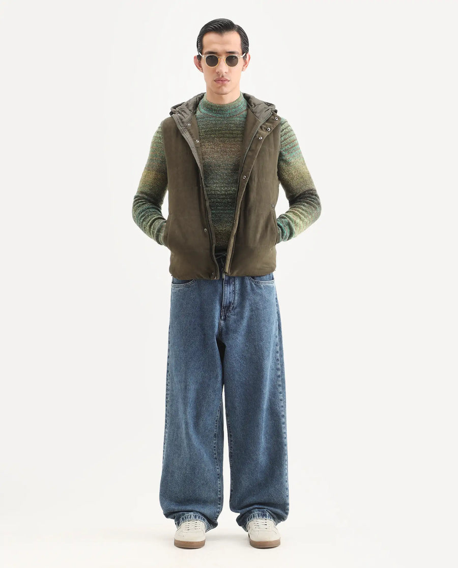 Rare Rabbit Men's Nemo Green Acrylic Color Block Regular Fit Full Sleeve Crew Neck Sweater