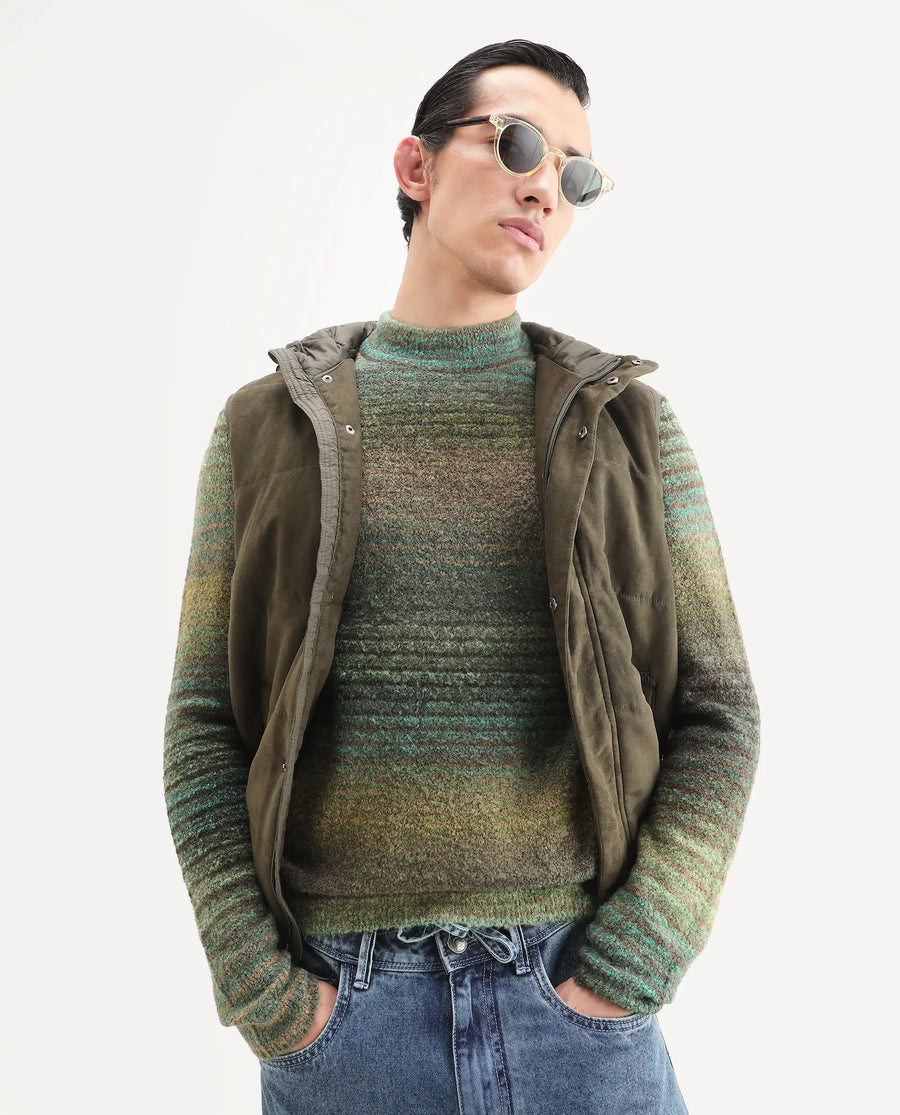 Rare Rabbit Men's Nemo Green Acrylic Color Block Regular Fit Full Sleeve Crew Neck Sweater