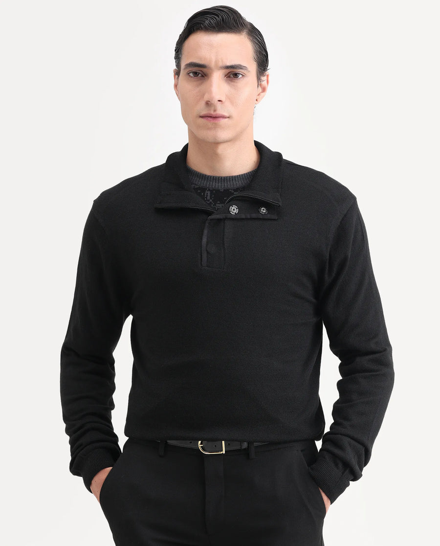 Rare Rabbit Men's Johny-25 Light Black Acrylic Fabric Full Sleeve High Neck Plain Sweater