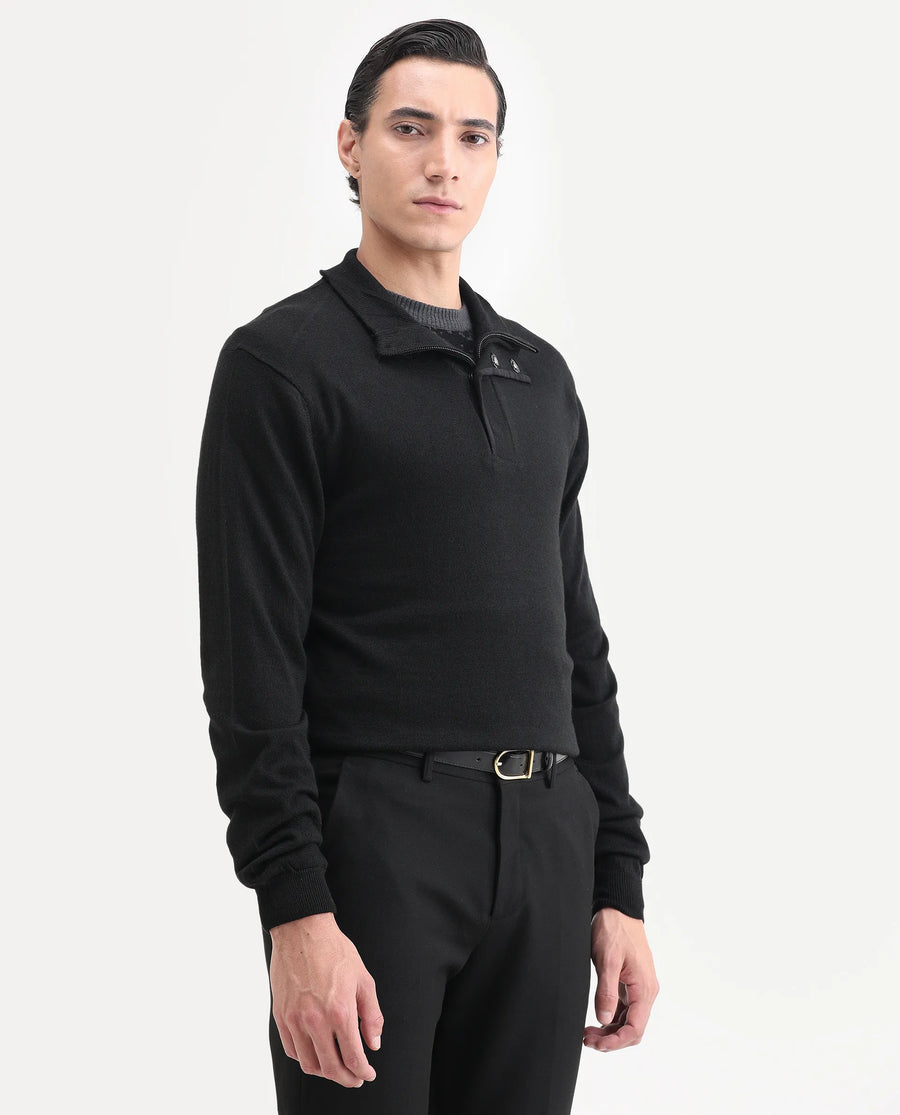 Rare Rabbit Men's Johny-25 Light Black Acrylic Fabric Full Sleeve High Neck Plain Sweater