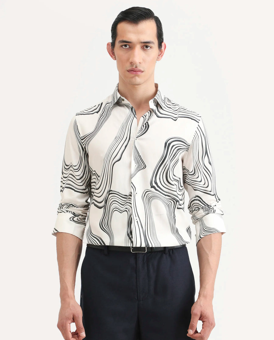 Rare Rabbit Men's Wira White Viscose Abstract Print Regular Fit Full Sleeve Collared Shirt