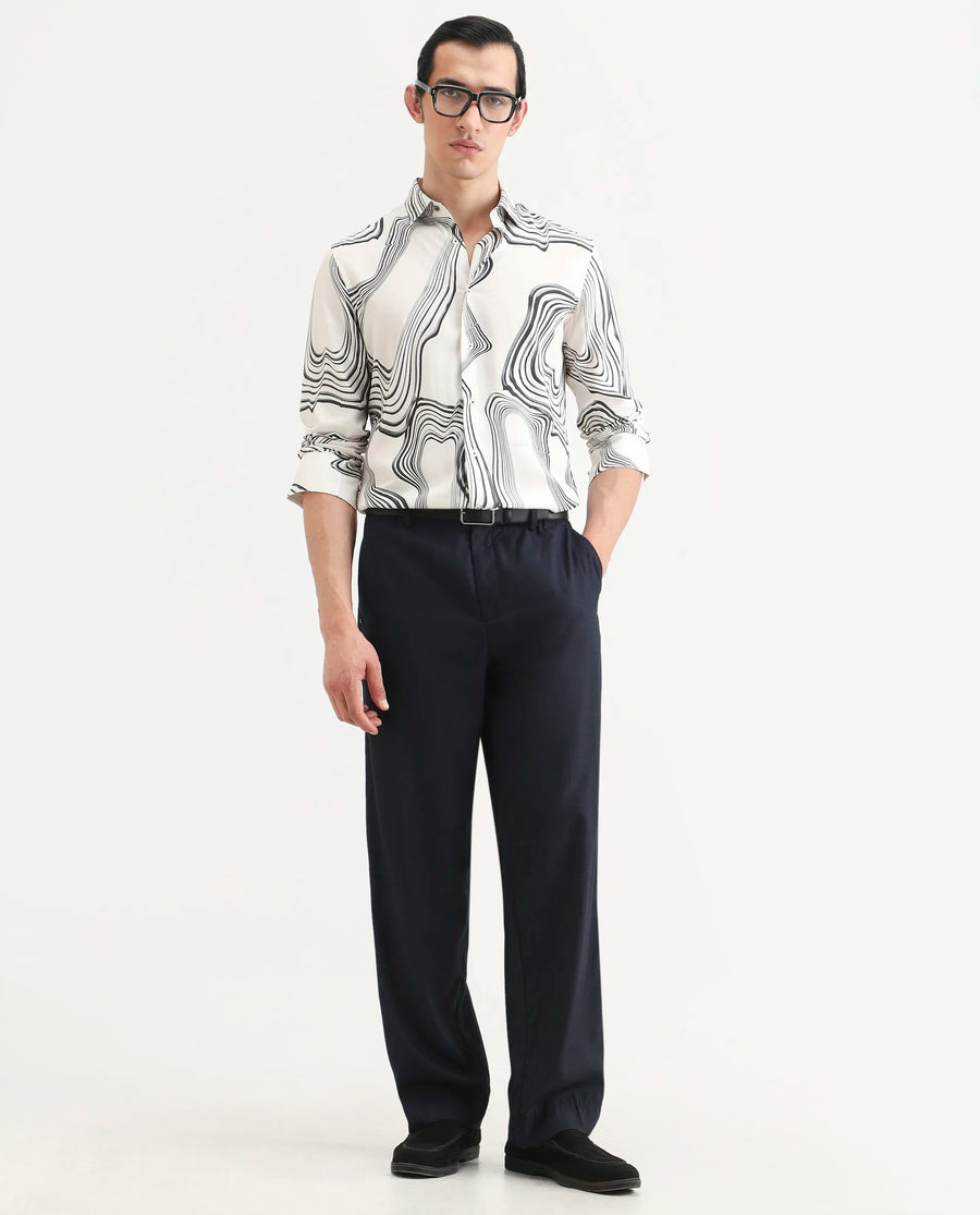 Rare Rabbit Men's Wira White Viscose Abstract Print Regular Fit Full Sleeve Collared Shirt