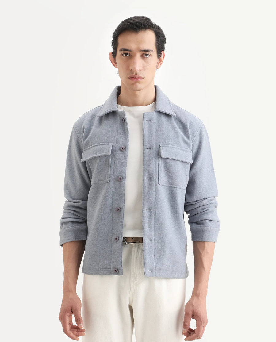 Rare Rabbit Men's Bensko Dusky Blue Polyester Fabric Spread Collar Regular Fit Plain Jacket