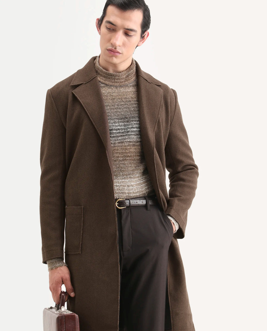 Rare Rabbit Men's Nemot Dark Brown Polyester Fabric Lapel Neck Regular Plain Coat