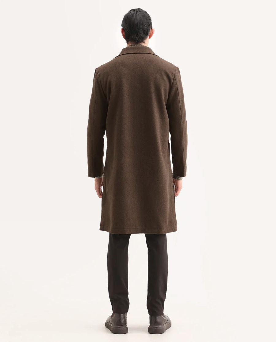 Rare Rabbit Men's Nemot Dark Brown Polyester Fabric Lapel Neck Regular Plain Coat
