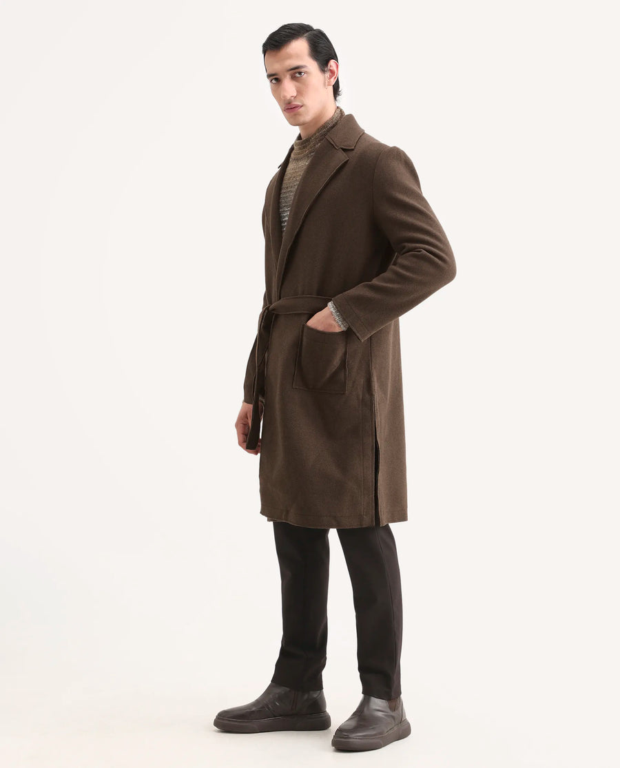 Rare Rabbit Men's Nemot Dark Brown Polyester Fabric Lapel Neck Regular Plain Coat
