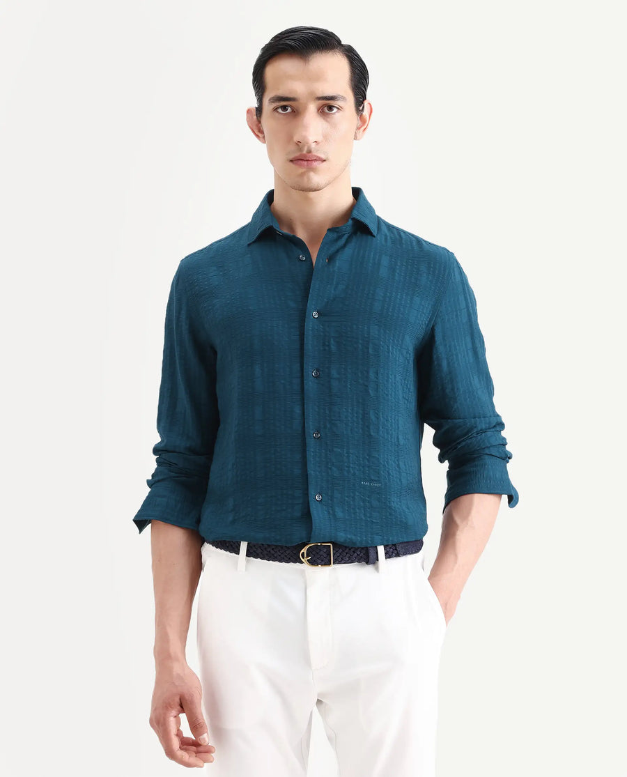 Rare Rabbit Men's Vaxo Teal Viscose Blend Checked Print Regular Fit Full Sleeve Collared Shirt