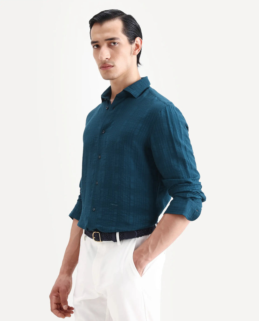Rare Rabbit Men's Vaxo Teal Viscose Blend Checked Print Regular Fit Full Sleeve Collared Shirt
