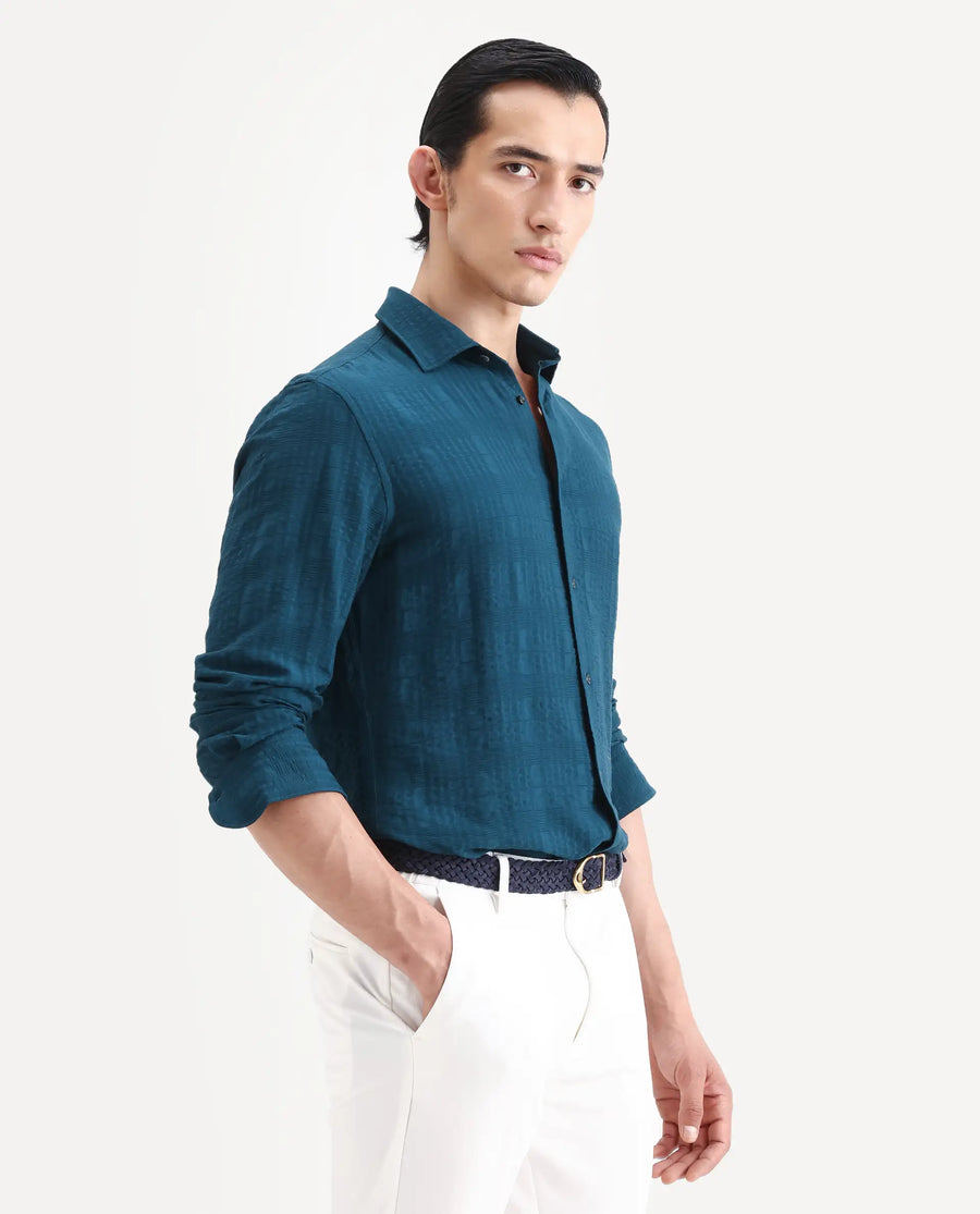 Rare Rabbit Men's Vaxo Teal Viscose Blend Checked Print Regular Fit Full Sleeve Collared Shirt