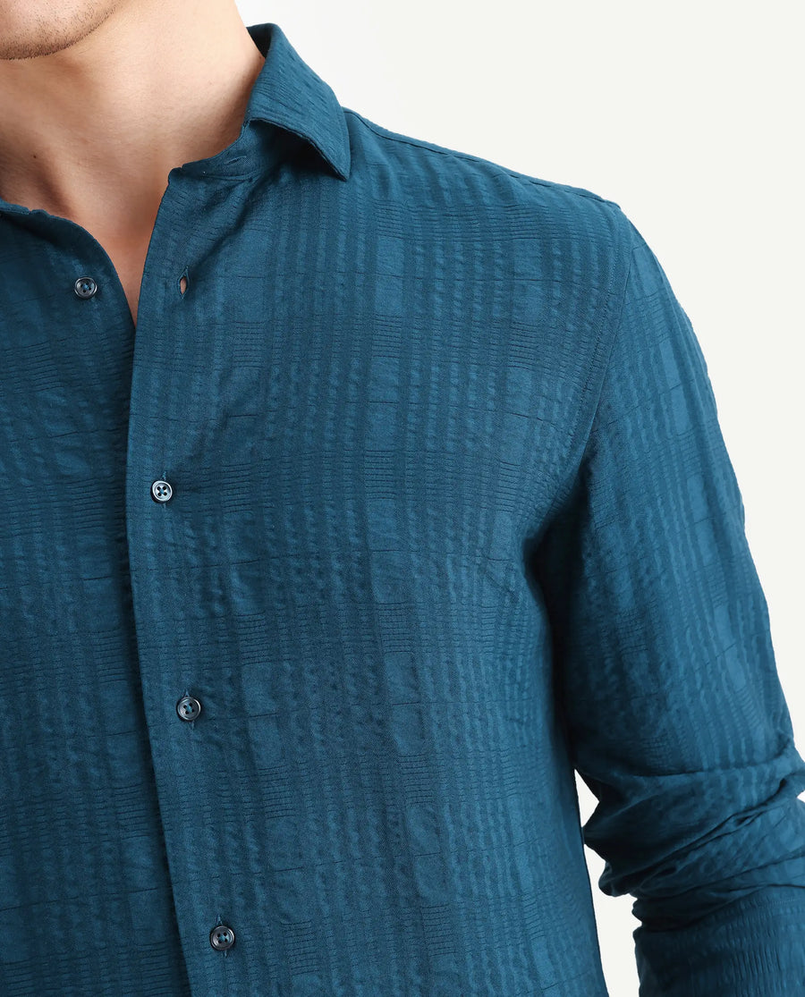 Rare Rabbit Men's Vaxo Teal Viscose Blend Checked Print Regular Fit Full Sleeve Collared Shirt