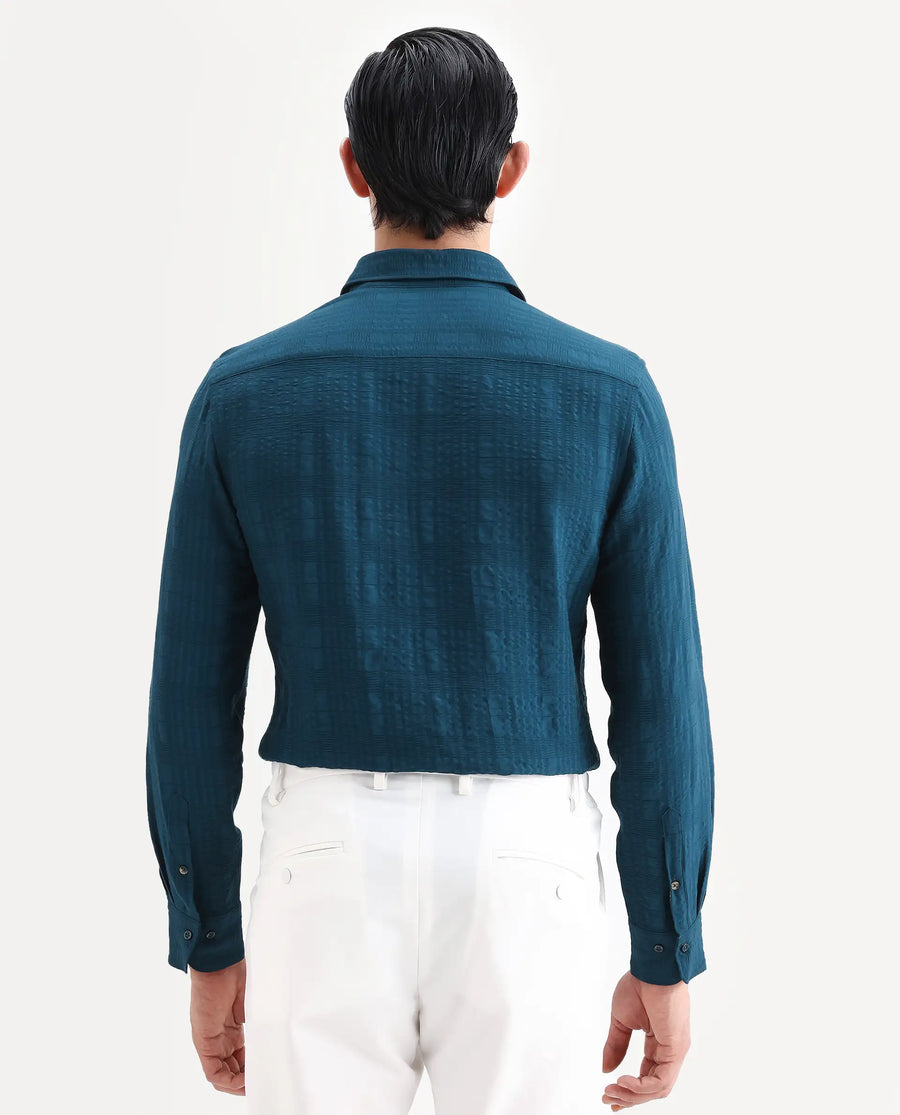 Rare Rabbit Men's Vaxo Teal Viscose Blend Checked Print Regular Fit Full Sleeve Collared Shirt