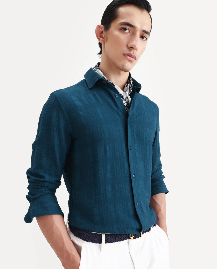 Rare Rabbit Men's Vaxo Teal Viscose Blend Checked Print Regular Fit Full Sleeve Collared Shirt