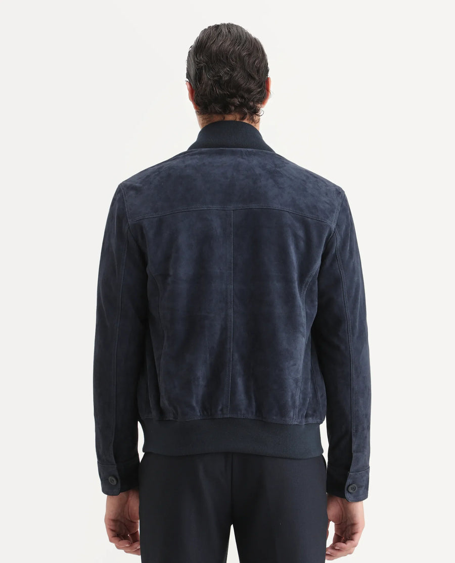 Rare Rabbit Men's Byron Navy Leather Fabric High Neck Ribbed Collar Regular Fit Plain Jacket