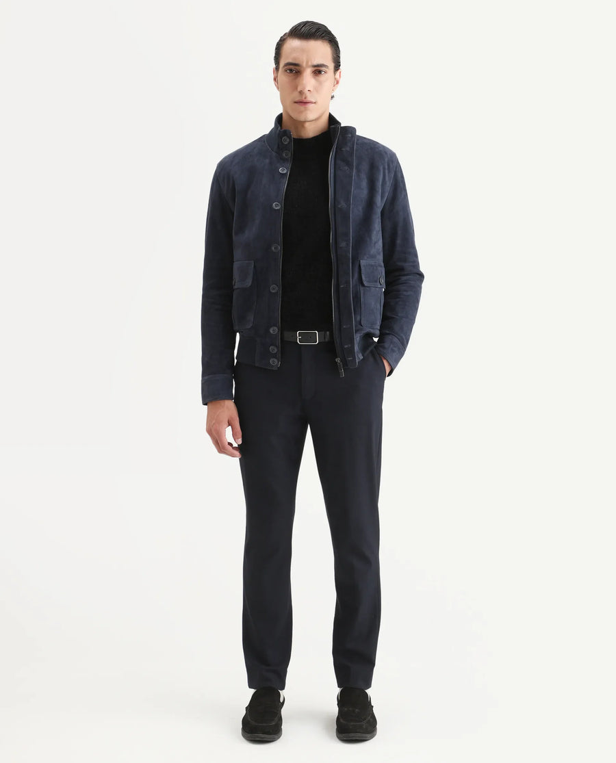 Rare Rabbit Men's Byron Navy Leather Fabric High Neck Ribbed Collar Regular Fit Plain Jacket