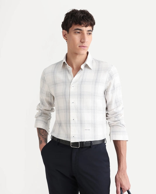 Rare Rabbit Men's Raul 25 Off White Cotton Checked Print Regular Fit Full Sleeve Collared Shirt