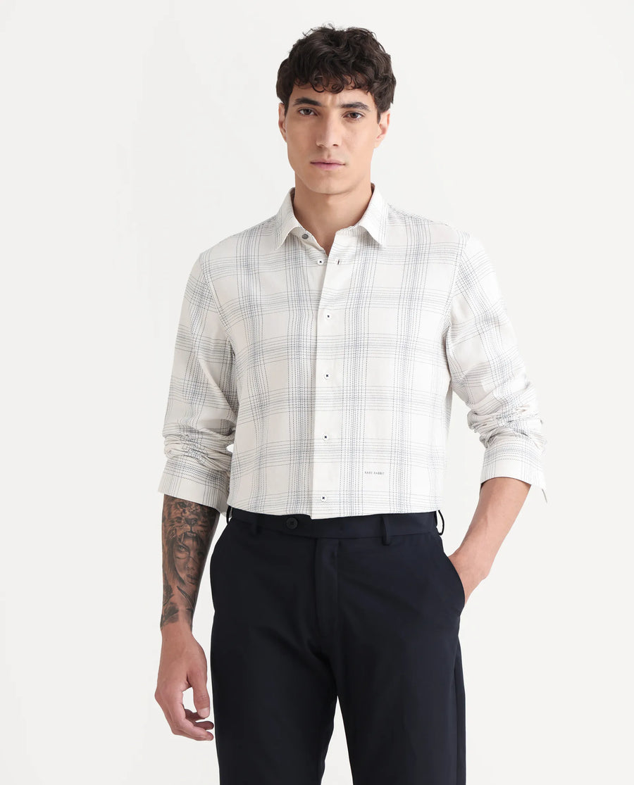 Rare Rabbit Men's Raul 25 Off White Cotton Checked Print Regular Fit Full Sleeve Collared Shirt