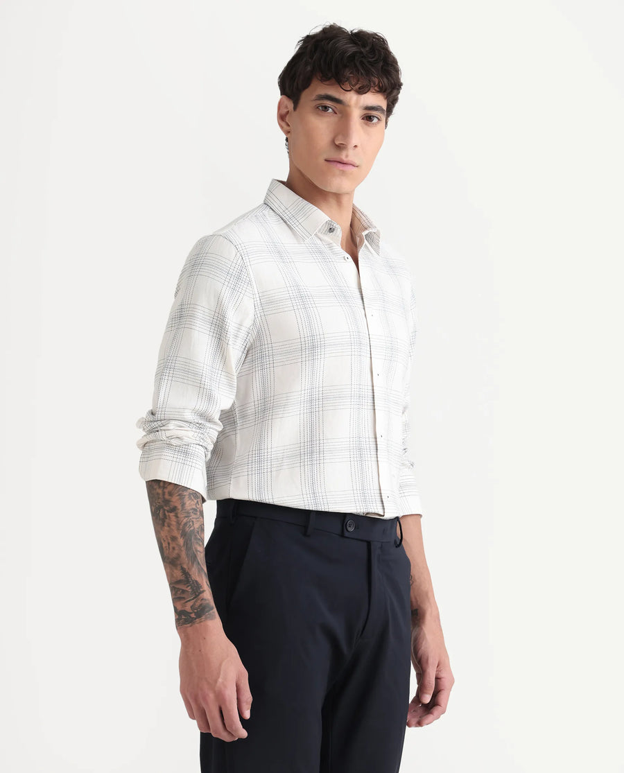 Rare Rabbit Men's Raul 25 Off White Cotton Checked Print Regular Fit Full Sleeve Collared Shirt