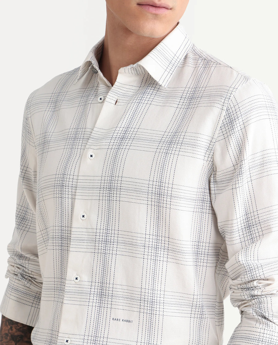 Rare Rabbit Men's Raul 25 Off White Cotton Checked Print Regular Fit Full Sleeve Collared Shirt