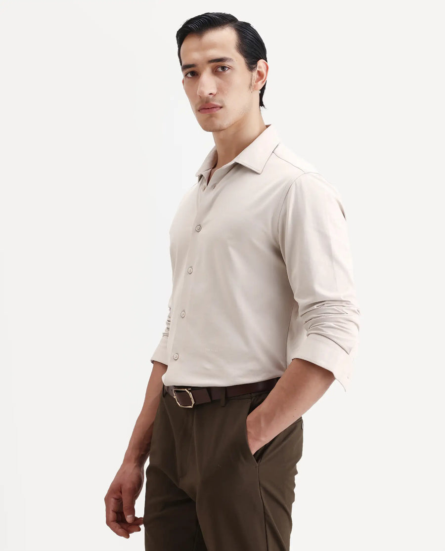 Rare Rabbit Men's Tour-25 Beige Cotton Polyester Elastane Fabric Full Sleeve Collared Collar Button Closure Plain Knitted Formal Shirt