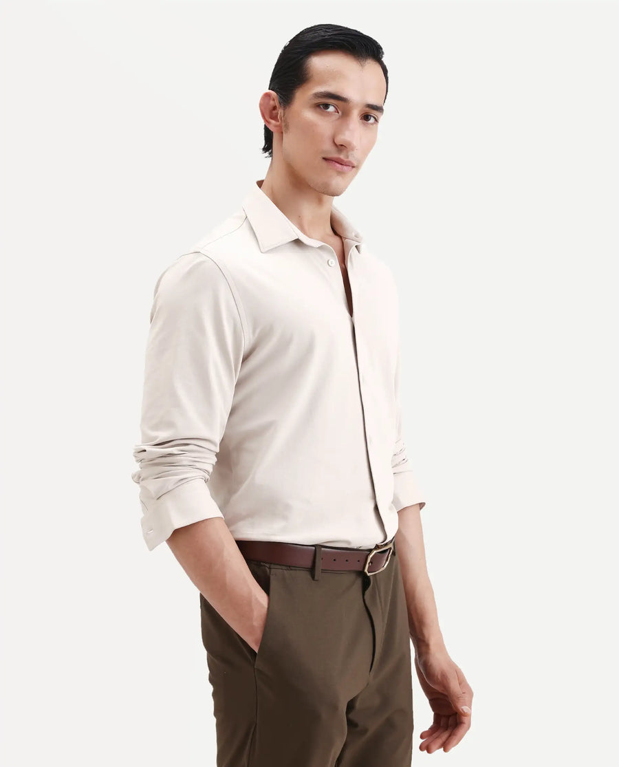 Rare Rabbit Men's Tour-25 Beige Cotton Polyester Elastane Fabric Full Sleeve Collared Collar Button Closure Plain Knitted Formal Shirt