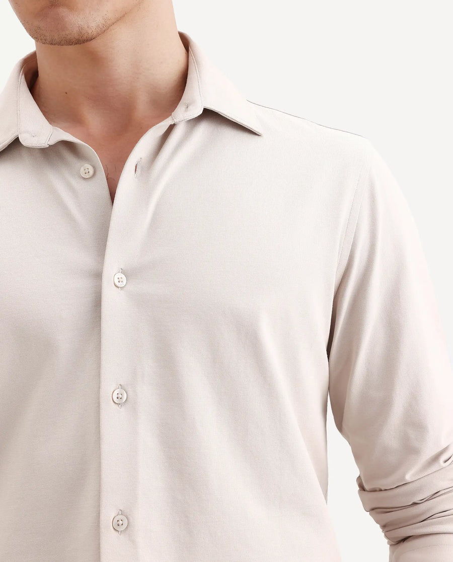 Rare Rabbit Men's Tour-25 Beige Cotton Polyester Elastane Fabric Full Sleeve Collared Collar Button Closure Plain Knitted Formal Shirt