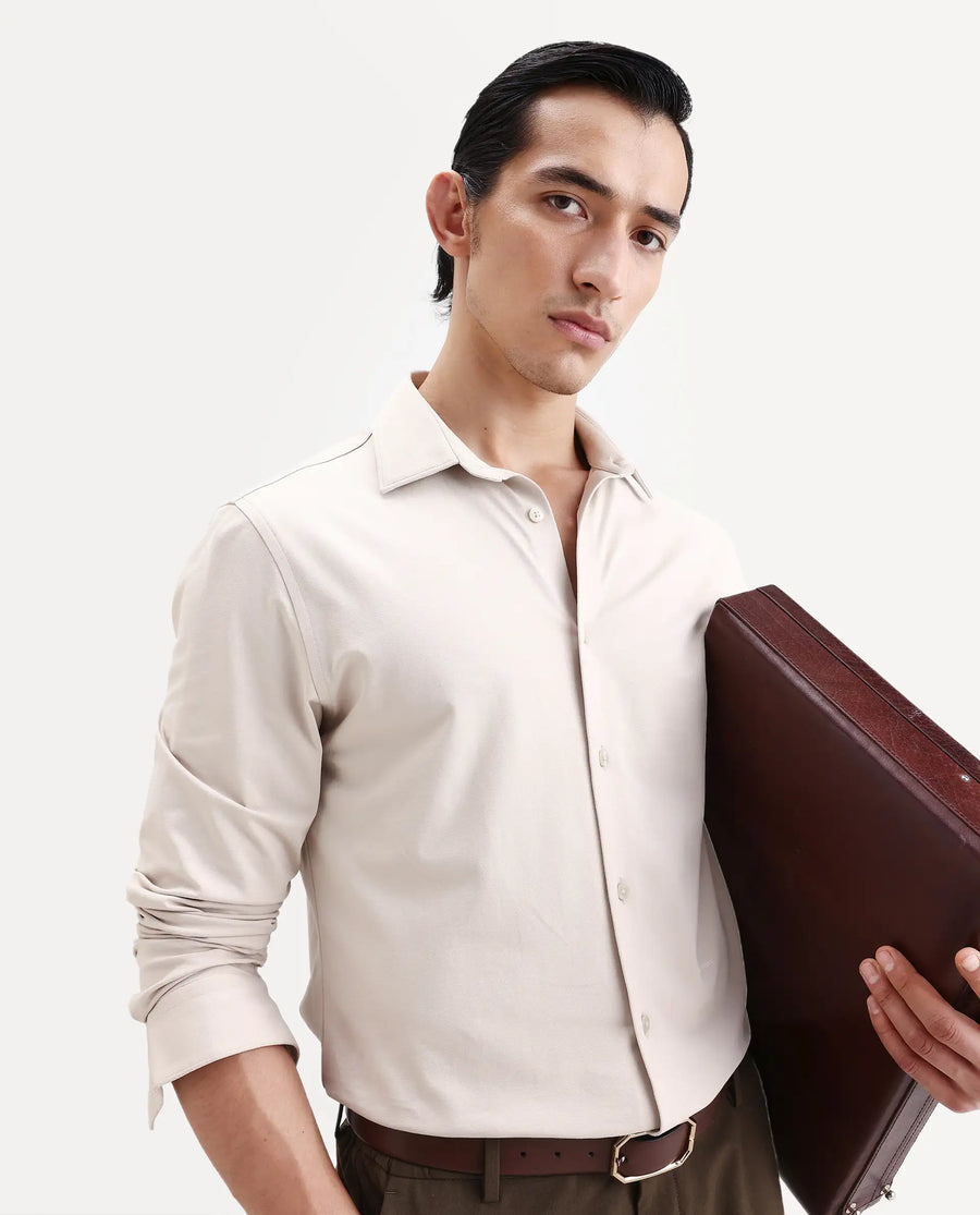 Rare Rabbit Men's Tour-25 Beige Cotton Polyester Elastane Fabric Full Sleeve Collared Collar Button Closure Plain Knitted Formal Shirt