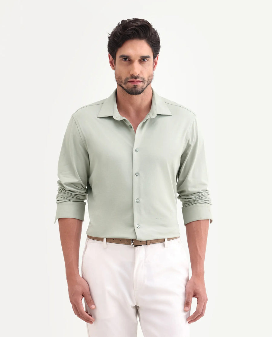 Rare Rabbit Men's Tour-25 Dusky Green Cotton Blend Plain Regular Fit Full Sleeve Collared Shirt