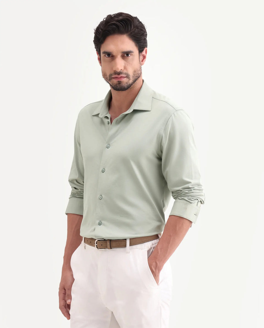Rare Rabbit Men's Tour-25 Dusky Green Cotton Blend Plain Regular Fit Full Sleeve Collared Shirt