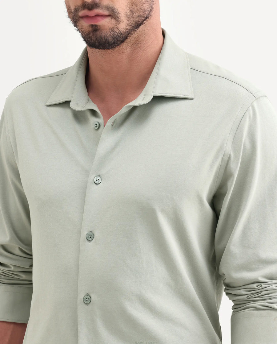 Rare Rabbit Men's Tour-25 Dusky Green Cotton Blend Plain Regular Fit Full Sleeve Collared Shirt