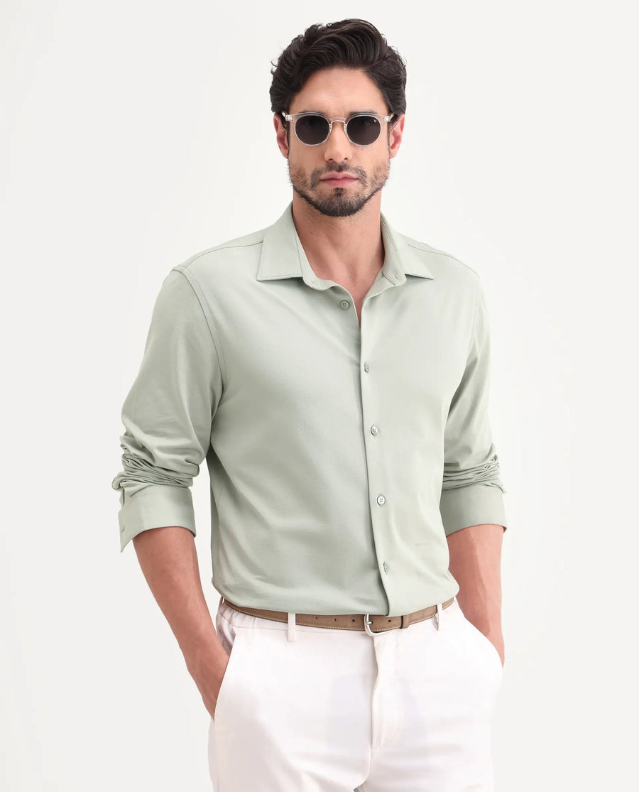 Rare Rabbit Men's Tour-25 Dusky Green Cotton Blend Plain Regular Fit Full Sleeve Collared Shirt