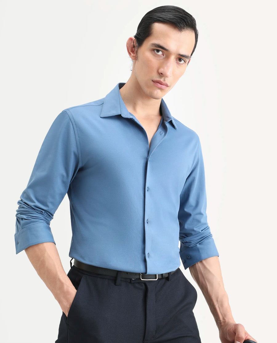 Rare Rabbit Men's Tour-25 Blue Cotton Blend Plain Regular Fit Full Sleeve Spread Collar Shirt