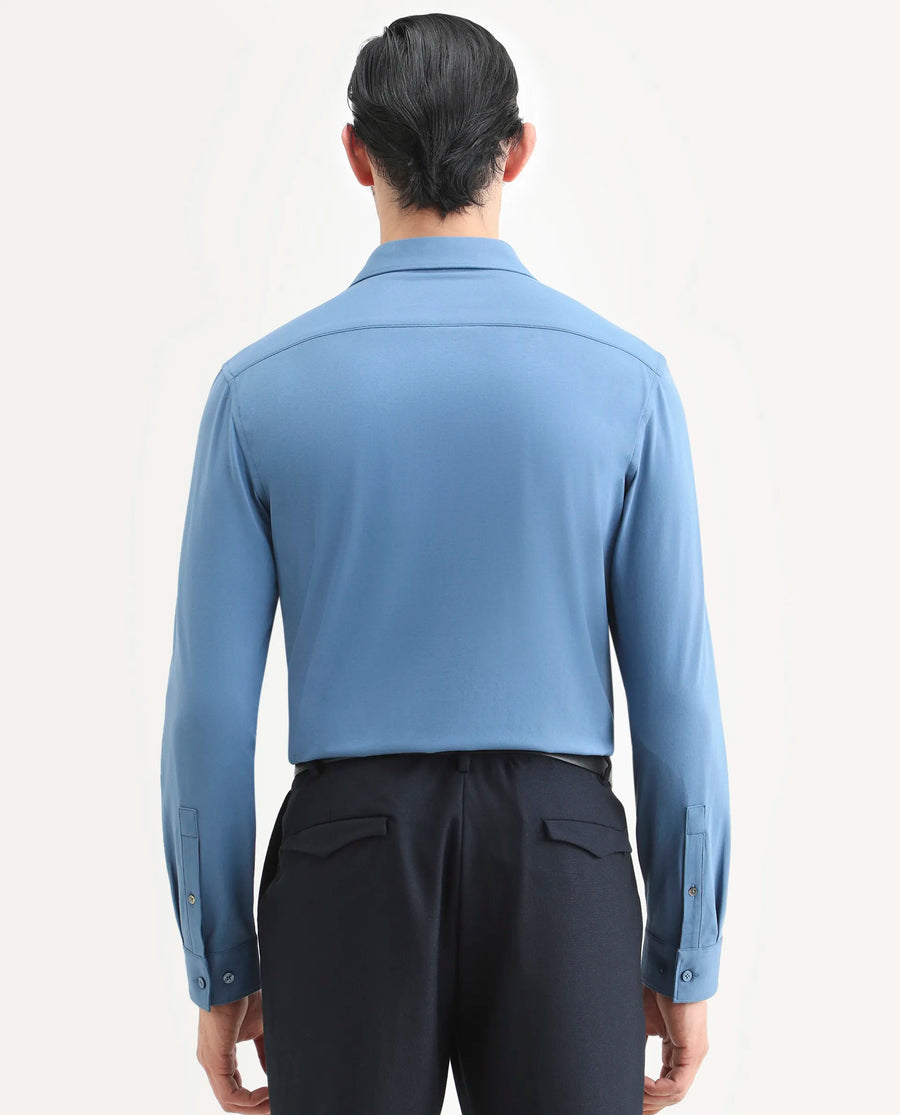 Rare Rabbit Men's Tour-25 Blue Cotton Blend Plain Regular Fit Full Sleeve Spread Collar Shirt