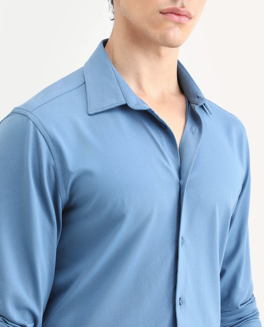 Rare Rabbit Men's Tour-25 Blue Cotton Blend Plain Regular Fit Full Sleeve Spread Collar Shirt