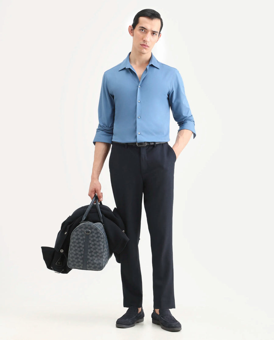 Rare Rabbit Men's Tour-25 Blue Cotton Blend Plain Regular Fit Full Sleeve Spread Collar Shirt