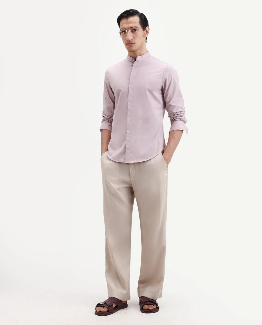 Rare Rabbit Men's Cadmi-25 Pink Cotton Blend Fabric Mandarin Collar Regular Fit Plain Shirt