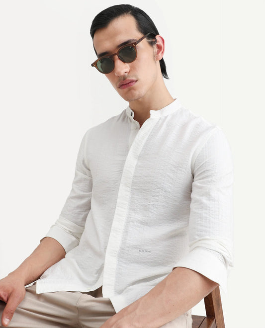 Rare Rabbit Men's Drep White Viscose Blend Striped Print Regular Fit Full Sleeve Mandarin Collar Shirt