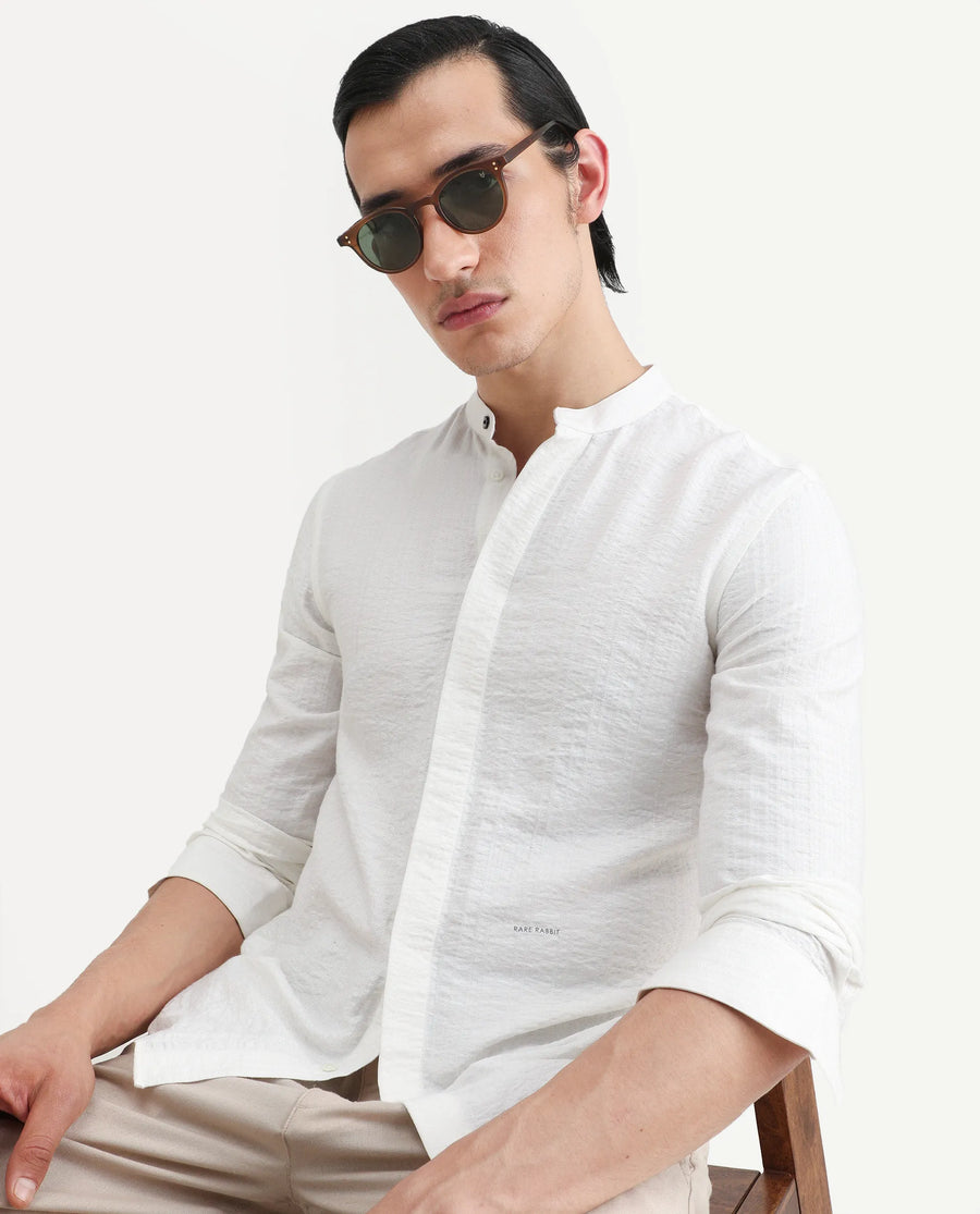 Rare Rabbit Men's Drep White Viscose Blend Striped Print Regular Fit Full Sleeve Mandarin Collar Shirt