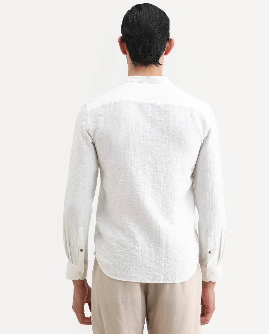 Rare Rabbit Men's Drep White Viscose Blend Striped Print Regular Fit Full Sleeve Mandarin Collar Shirt