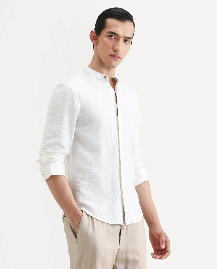 Rare Rabbit Men's Drep White Viscose Blend Striped Print Regular Fit Full Sleeve Mandarin Collar Shirt