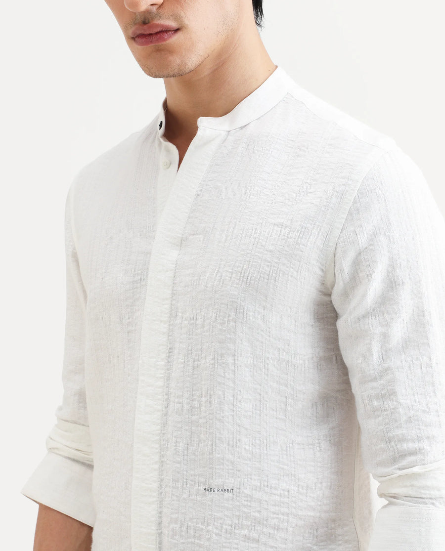 Rare Rabbit Men's Drep White Viscose Blend Striped Print Regular Fit Full Sleeve Mandarin Collar Shirt