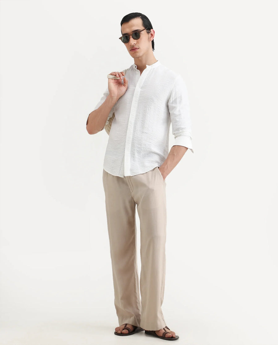 Rare Rabbit Men's Drep White Viscose Blend Striped Print Regular Fit Full Sleeve Mandarin Collar Shirt