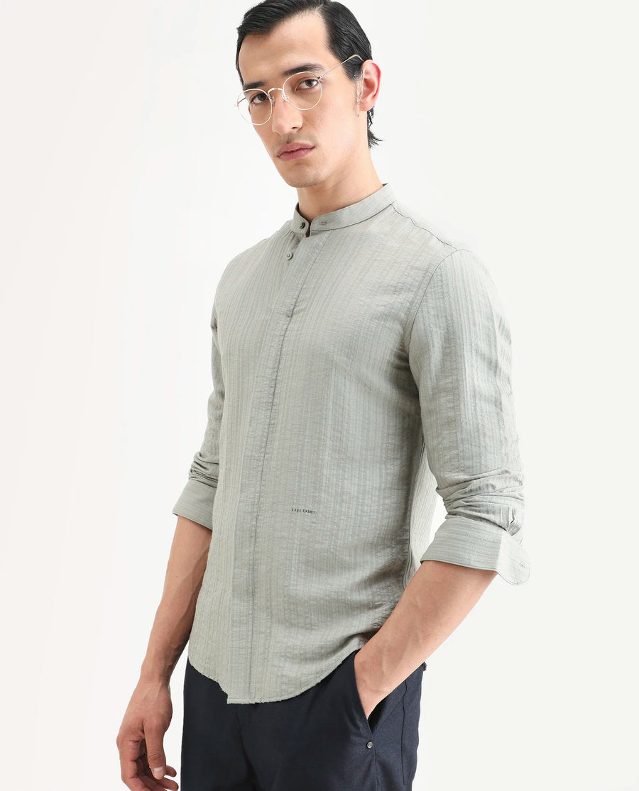 Rare Rabbit Men's Drep Dusky Green Viscose Blend Striped Print Regular Fit Full Sleeve Mandarin Collar Shirt