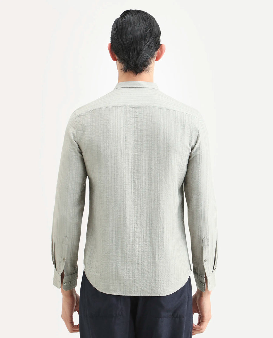 Rare Rabbit Men's Drep Dusky Green Viscose Blend Striped Print Regular Fit Full Sleeve Mandarin Collar Shirt