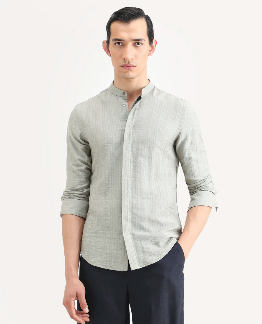 Rare Rabbit Men's Drep Dusky Green Viscose Blend Striped Print Regular Fit Full Sleeve Mandarin Collar Shirt