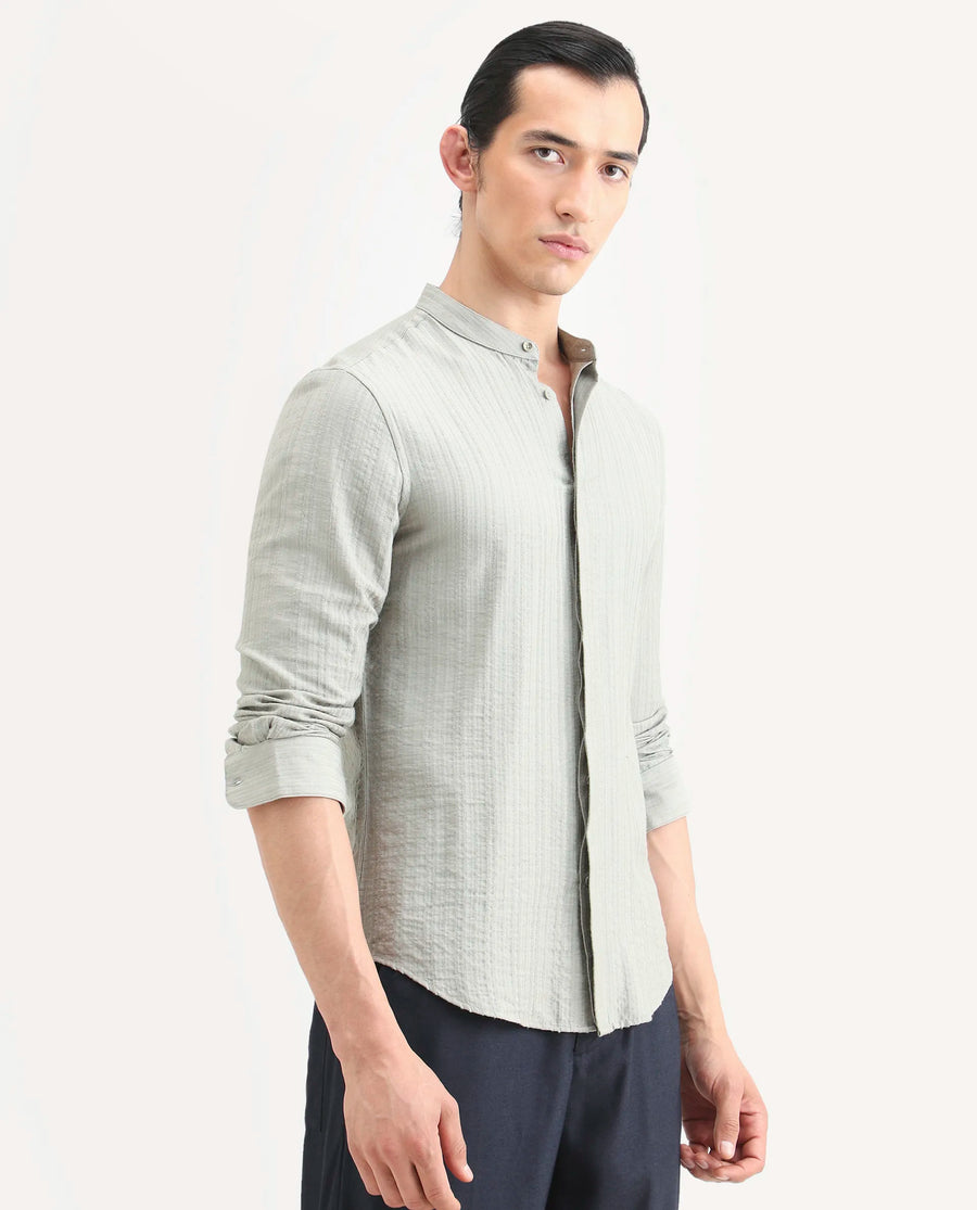 Rare Rabbit Men's Drep Dusky Green Viscose Blend Striped Print Regular Fit Full Sleeve Mandarin Collar Shirt