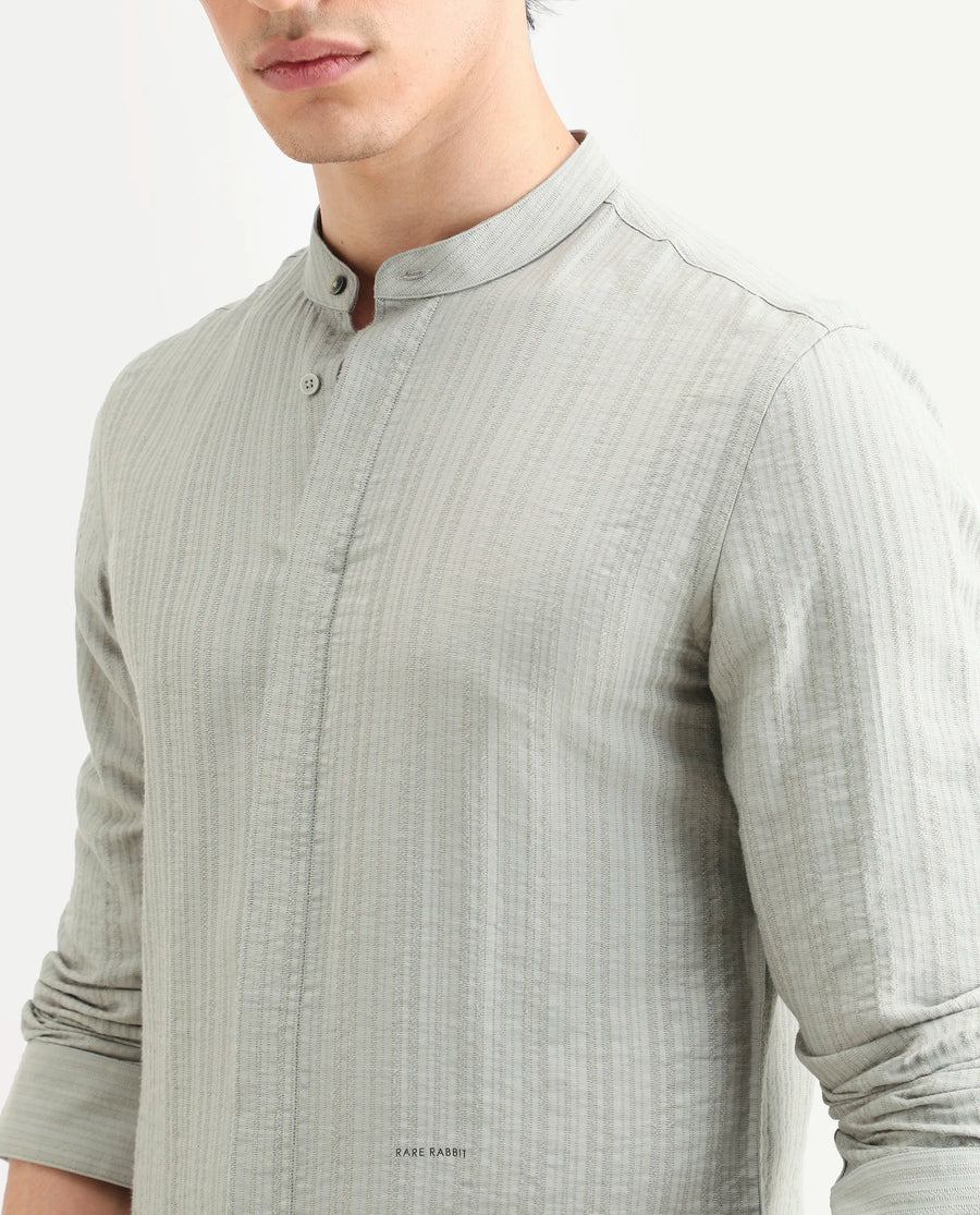 Rare Rabbit Men's Drep Dusky Green Viscose Blend Striped Print Regular Fit Full Sleeve Mandarin Collar Shirt