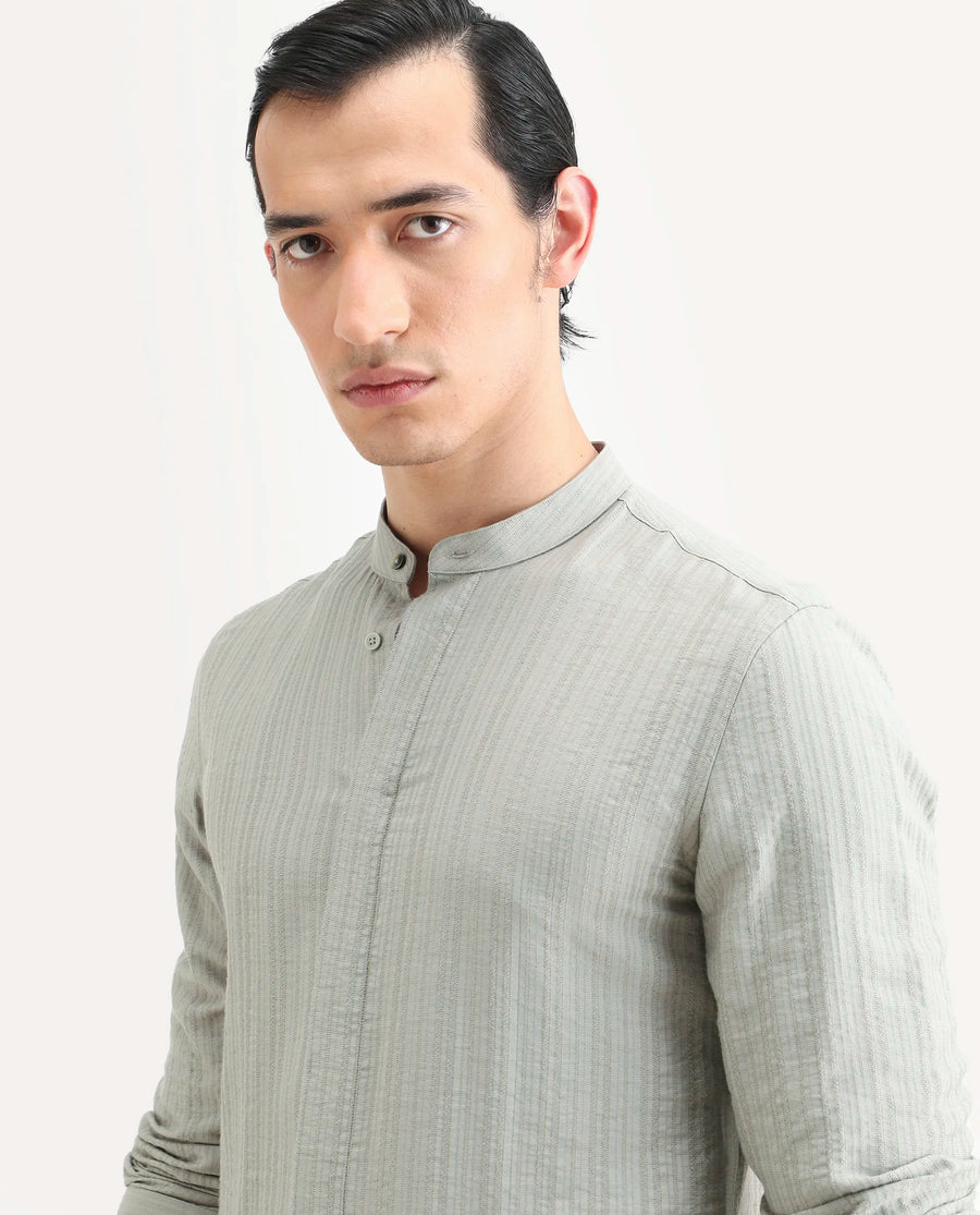 Rare Rabbit Men's Drep Dusky Green Viscose Blend Striped Print Regular Fit Full Sleeve Mandarin Collar Shirt