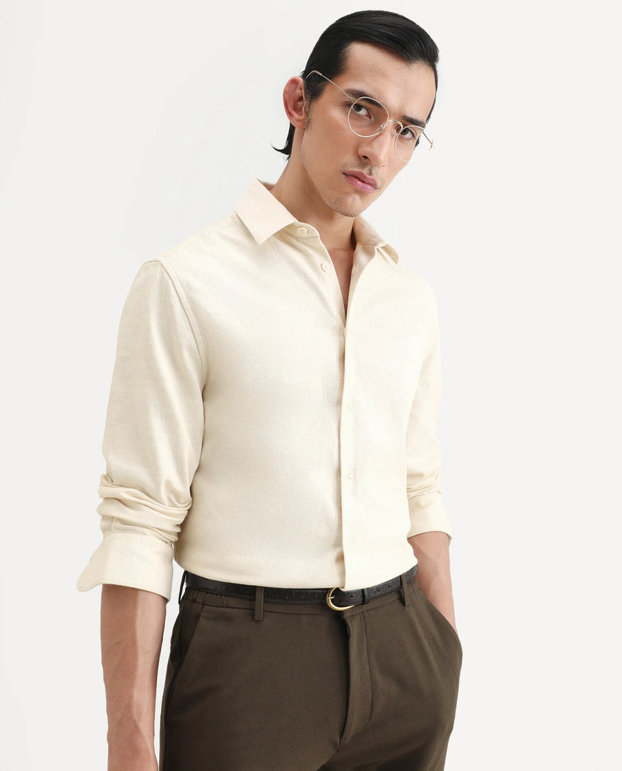 Rare Rabbit Men's Berk-Fs Off White Cotton Fabric Full Sleeve Regular Fit Plain Shirt