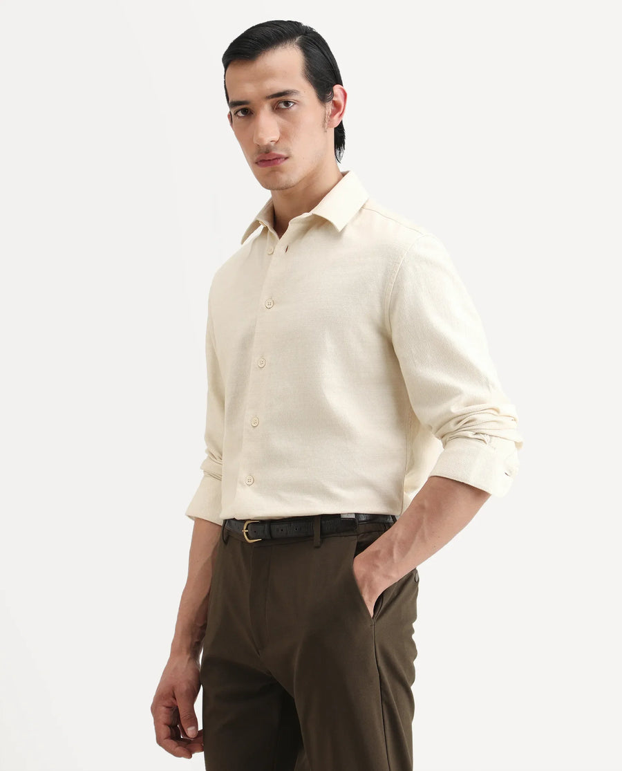Rare Rabbit Men's Berk-Fs Off White Cotton Fabric Full Sleeve Regular Fit Plain Shirt
